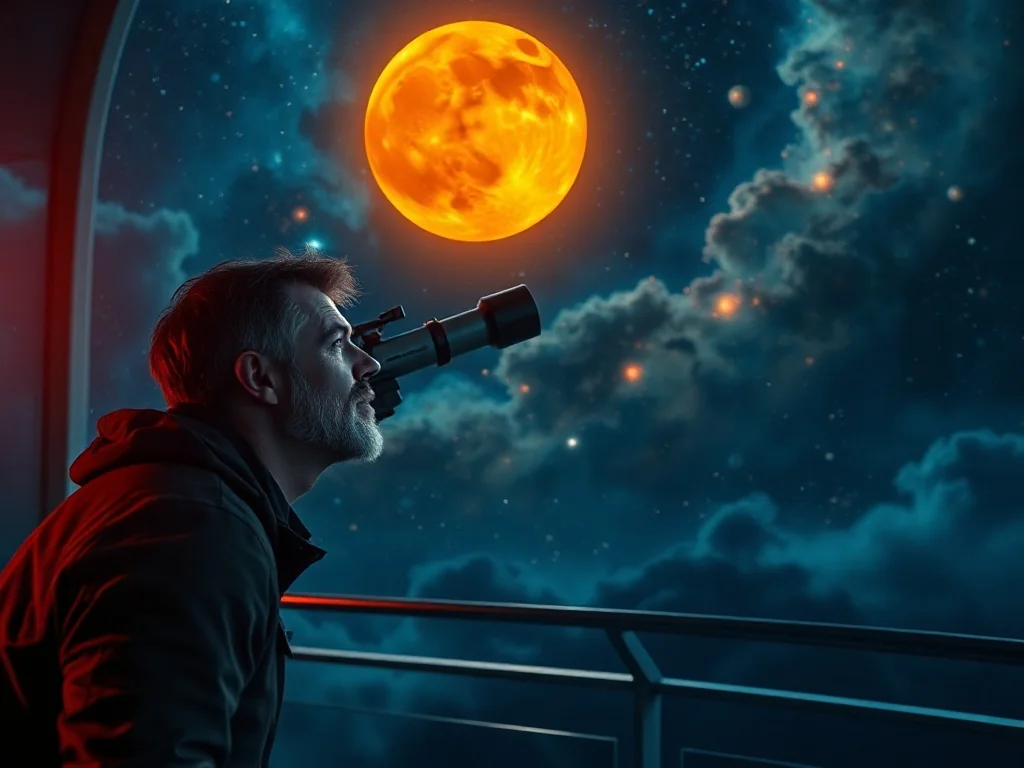 Astronom obserwujący przez teleskop złotą planetę Wenus na tle rozgwieżdżonego nieba w nowoczesnym obserwatorium.