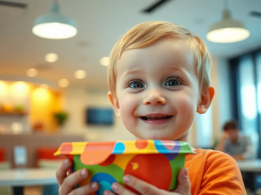 Uśmiechnięte dziecko trzyma kolorowy zestaw Happy Meal w nowoczesnej restauracji McDonald's.