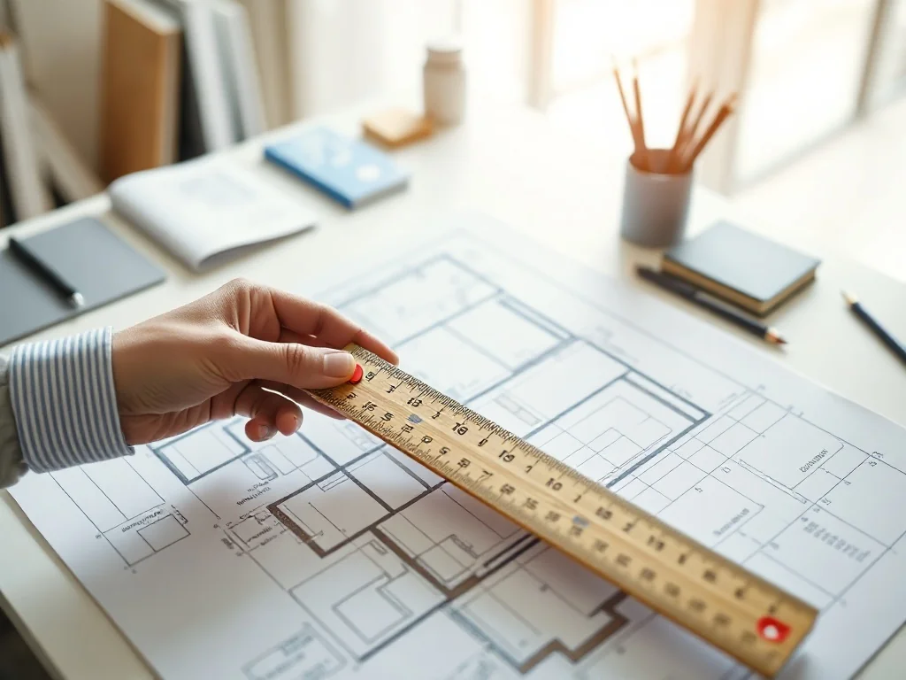 Osoba mierzy drewnianą miarką plan architektoniczny na biurku, ilustrując proces obliczania powierzchni.