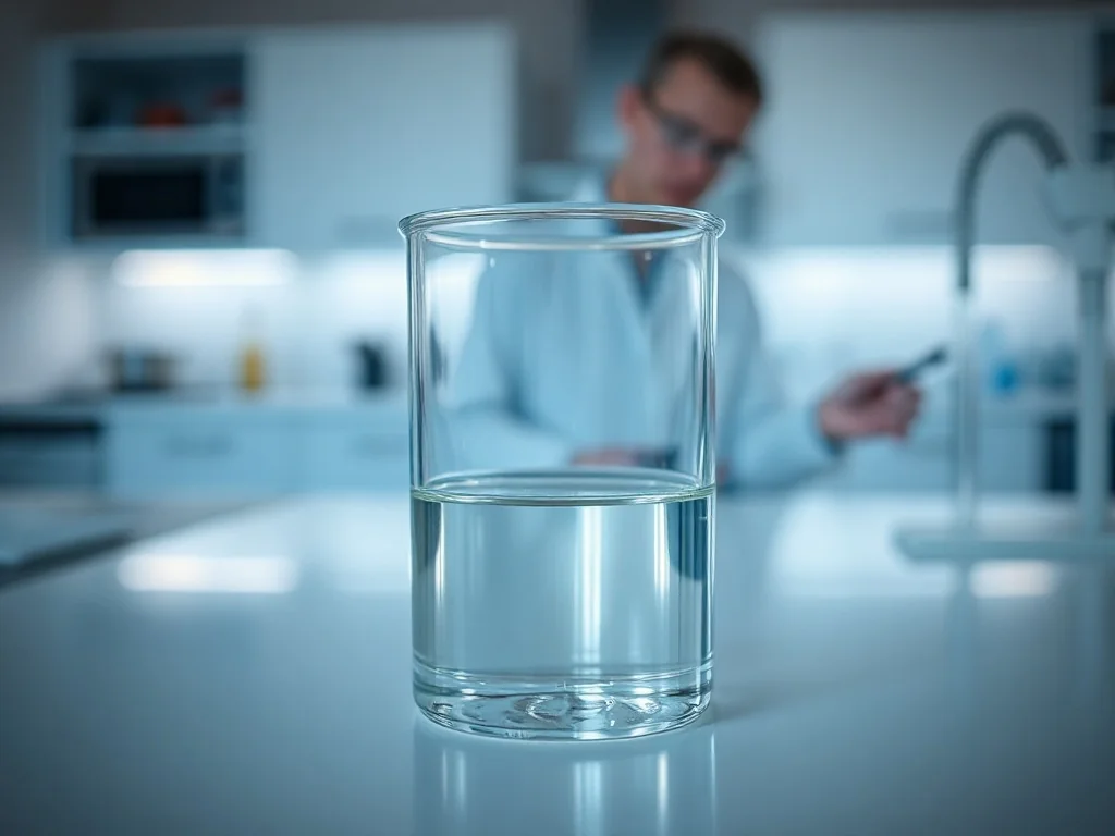 Szklana zlewka z 50 ml przezroczystego płynu na laboratoryjnym stole, obrazująca przelicznik jednostek objętości.