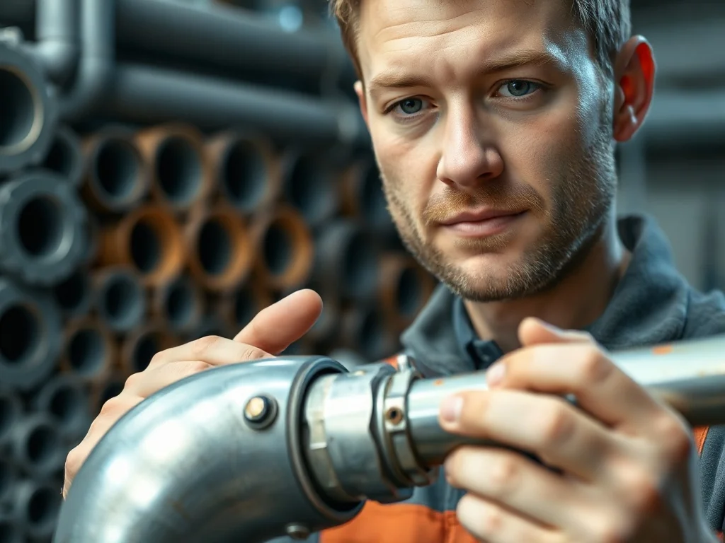 Hydraulik w warsztacie sprawdza metalową rurę, prezentując profesjonalne podejście do doboru średnic instalacji.