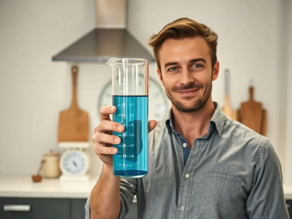 Mężczyzna trzymający szklany cylinder z niebieskim płynem, ilustrujący precyzyjne odmierzanie objętości cieczy.
