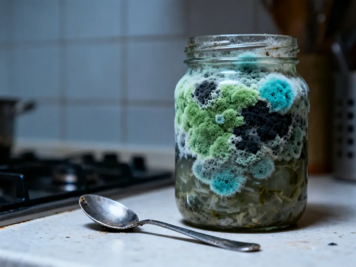 Puszysta, wielobarwna pleśń na powierzchni fermentowanego produktu