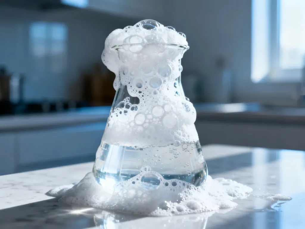 Piana wydobywająca się ze szklanej zlewki w wyniku reakcji chemicznej octu z proszkiem do pieczenia.