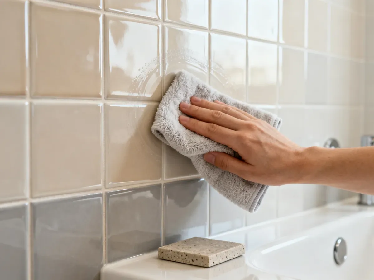Microfiber cloth cleaning ceramic tiles beside a natural stone tile sample