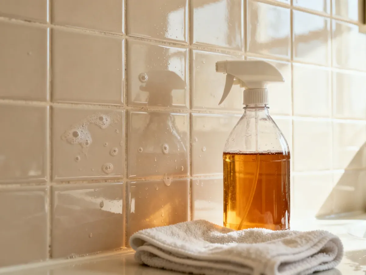 Spray bottle with diluted apple cider vinegar and microfiber cloth beside ceramic bathroom tiles