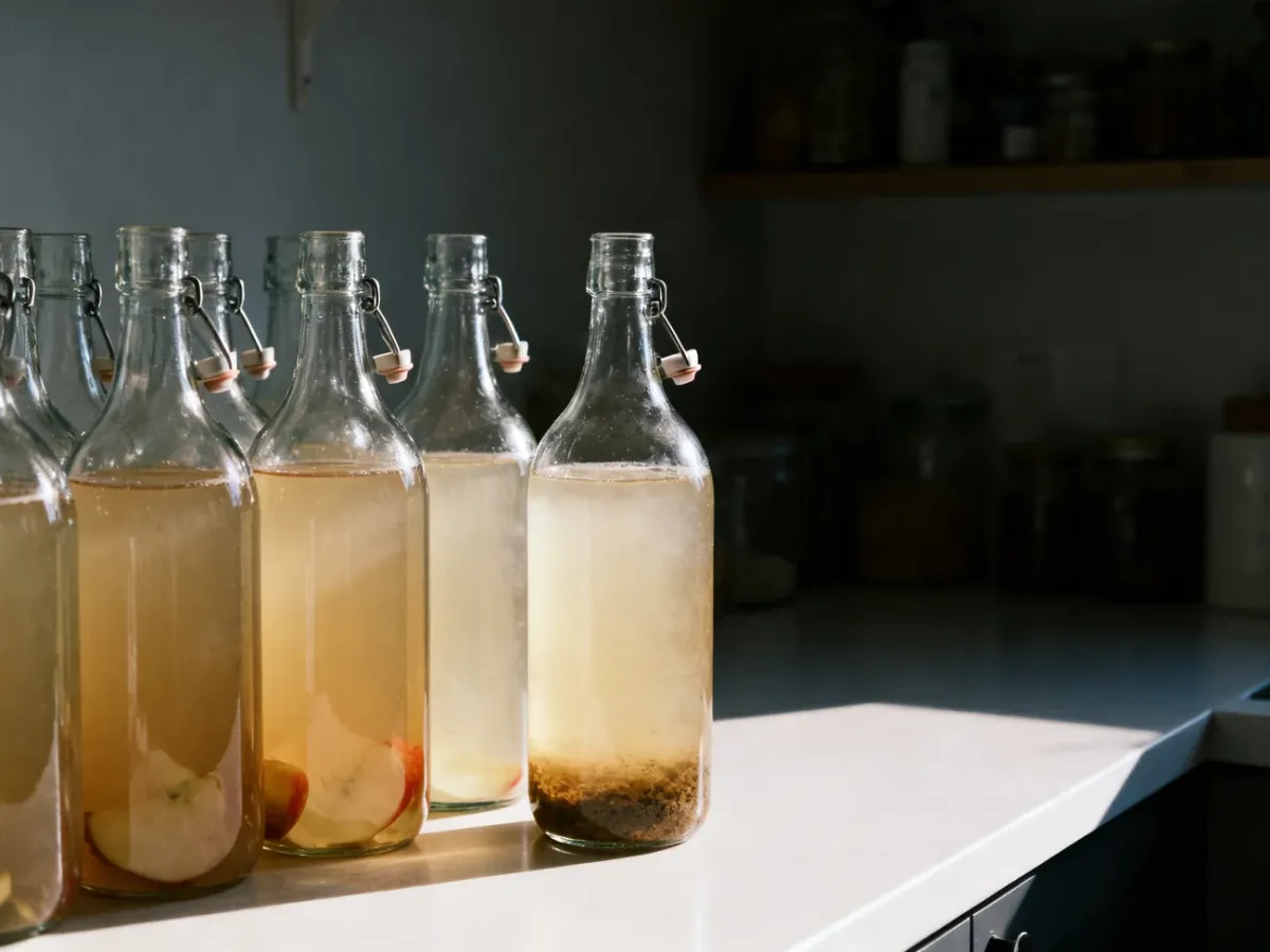 Butelki z gotowym domowym octem jabłkowym i naturalnym osadem
