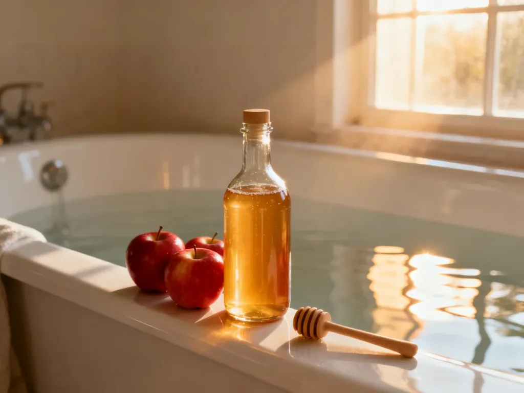 Szklana butelka octu jabłkowego, świeże jabłka i drewniana łyżka na brzegu wanny, tworzące atmosferę domowego spa.